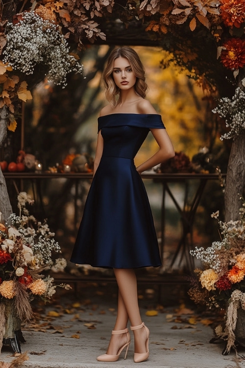 A woman wears a navy off the shoulder wedding guest dress with beige heels