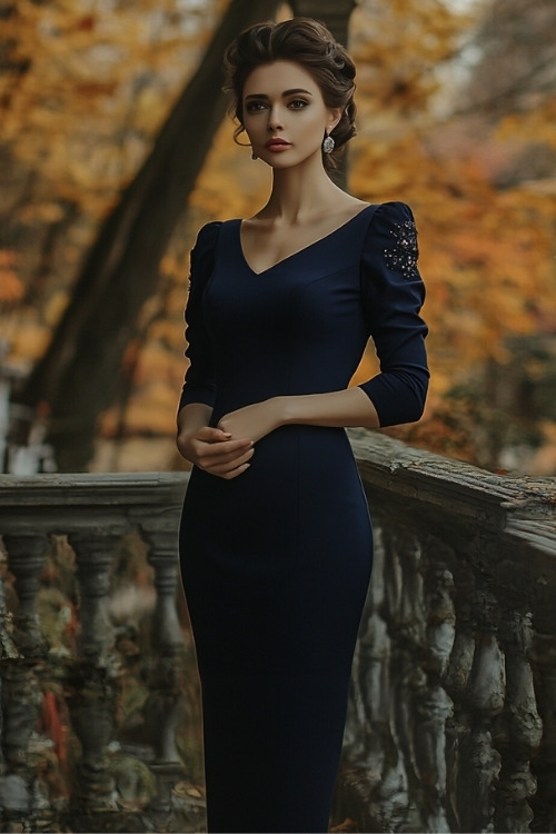 A woman wears a navy wedding guest dress with a V neckline and embellished puff sleeves