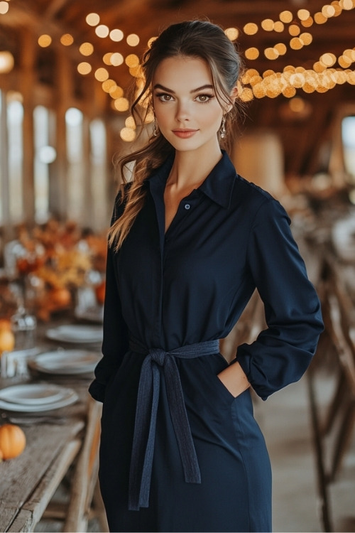 A woman wears a navy wedding guest dress with a collar and waist tie