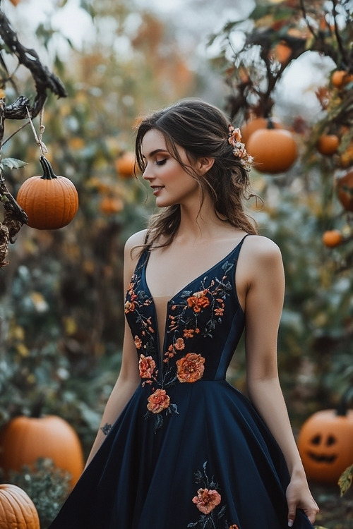 A woman wears a navy wedding guest dress with floral embroidery and a plunging neckline