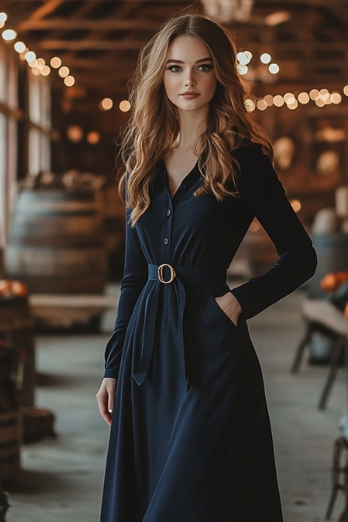 A woman wears a navy wedding guest dress with long sleeves, button details, and a belted waist