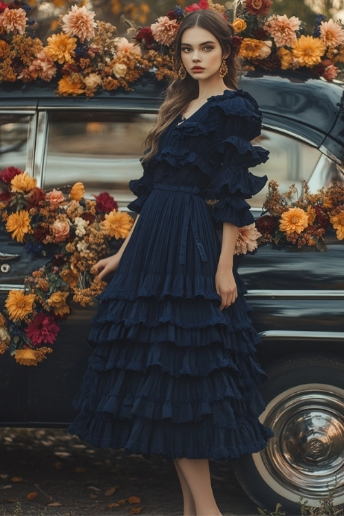 A woman wears a navy wedding guest dress with tiered ruffle detailing and puffed sleeves