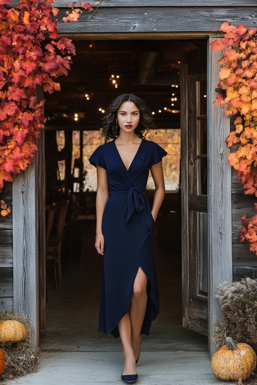 A woman wears a navy wrap wedding guest dress with cap sleeves and a slit