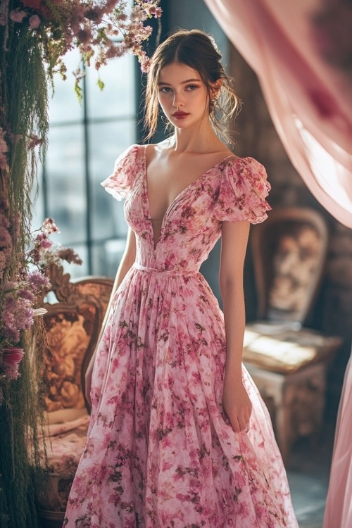 A woman wears a pink floral wedding guest dress with a deep V neckline and puff sleeves