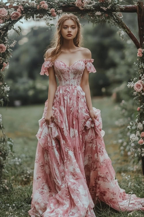 A woman wears a pink floral wedding guest dress with off-the-shoulder ruffled sleeves and a corset bodice