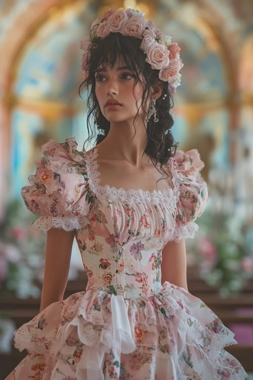 A woman wears a pink floral wedding guest dress with puff sleeves