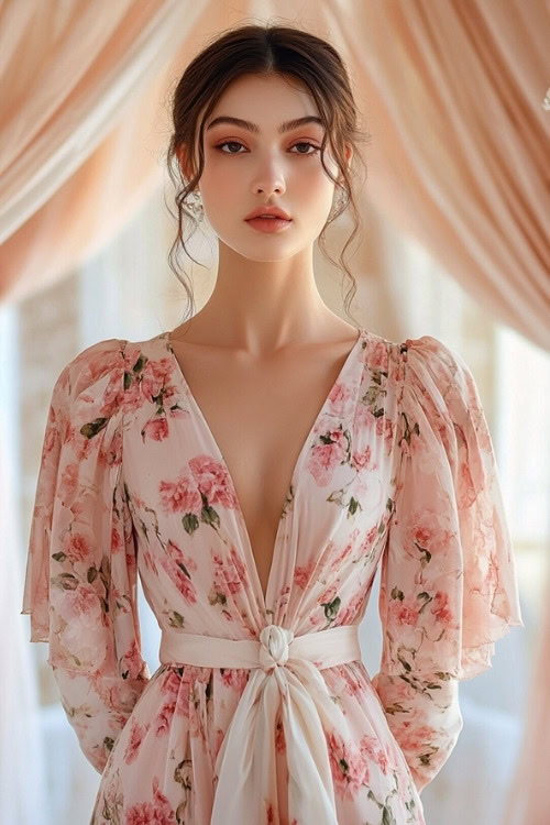 A woman wears a pink floral wedding guest dress with ruffled long sleeves and a deep V neckline