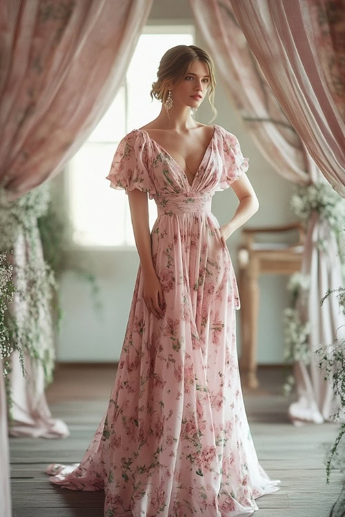 A woman wears a pink floral wedding guest dress with short flutter sleeves and a deep V neckline