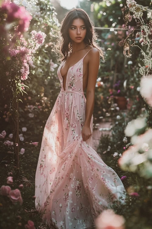 A woman wears a pink floral wedding guest dress with spaghetti straps and a plunging neckline