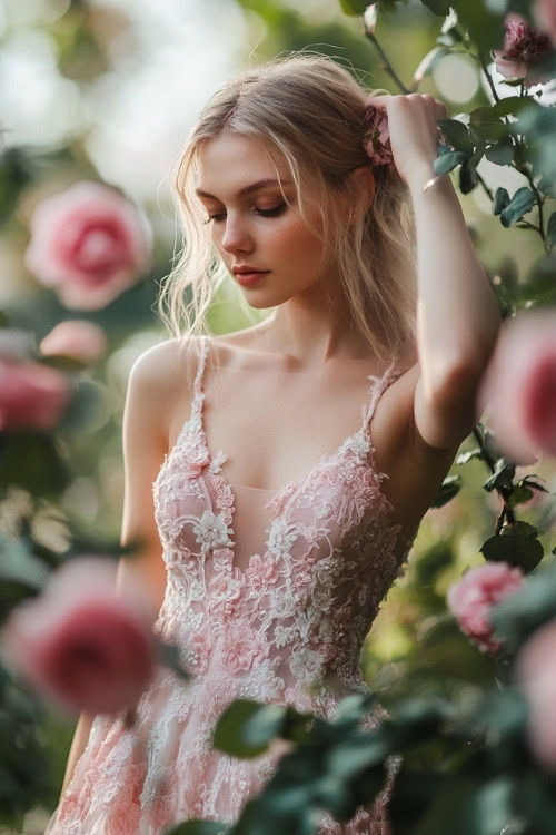 A woman wears a pink lace floral wedding guest dress and a V neckline