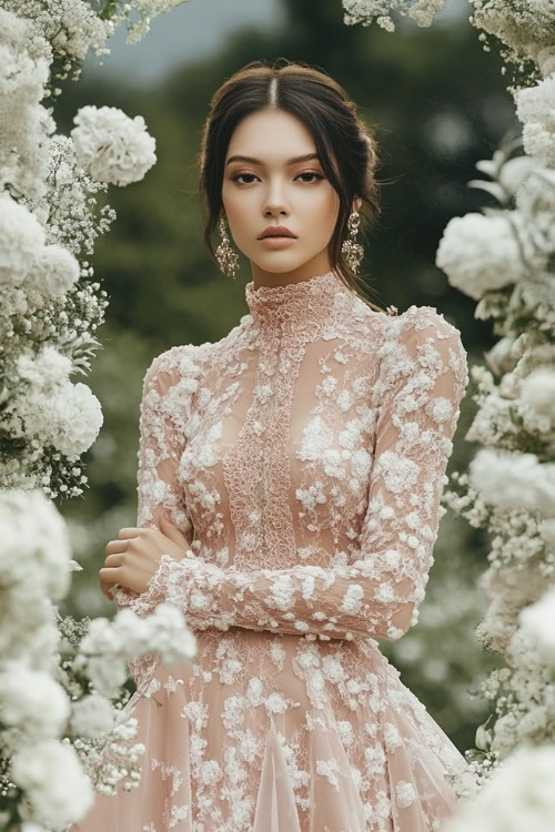 A woman wears a pink lace wedding guest dress with long sleeves and floral details