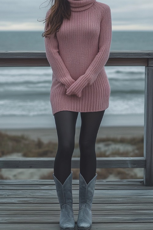 A woman wears a pink sweater dress, black tights, and gray cowboy boots