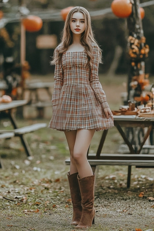 A woman wears a plaid square-neck mini wedding guest dress with suede boots