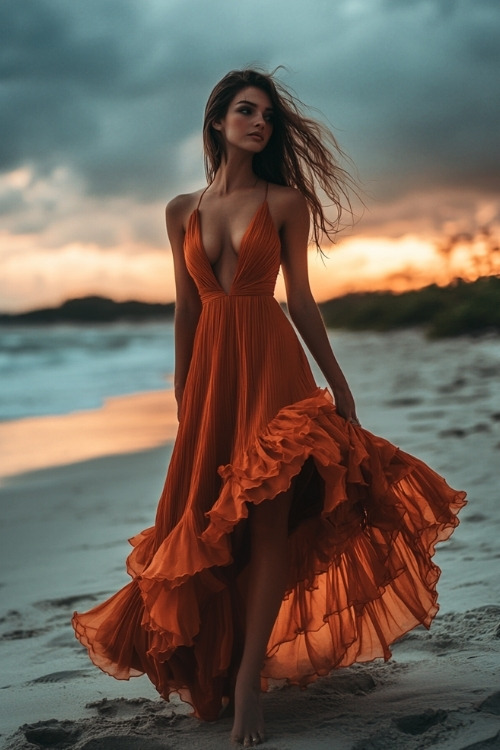 A woman wears a plunging neckline orange wedding guest dress with a ruffled skirt