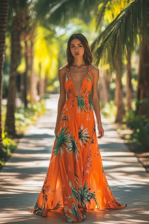 A woman wears a plunging neckline orange wedding guest dress with tropical print