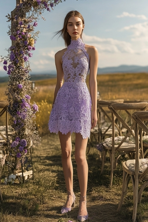 A woman wears a purple lace short wedding guest dress with matching heels