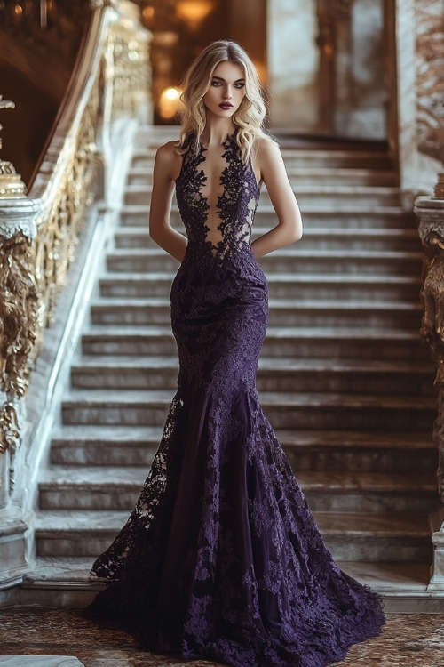 A woman wears a purple lace wedding guest dress with a halter neckline and a mermaid silhouette