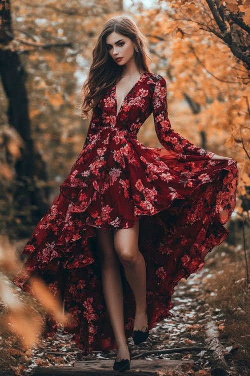 A woman wears a red floral wedding guest dress with a deep V neckline and long sleeves