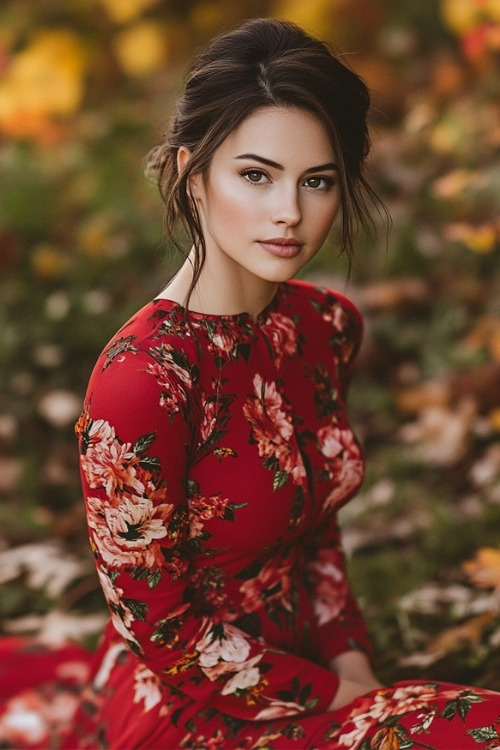 A woman wears a red floral wedding guest dress with long sleeves and a high neckline