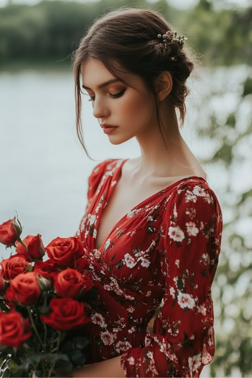 A woman wears a red floral wedding guest dress with long sleeves