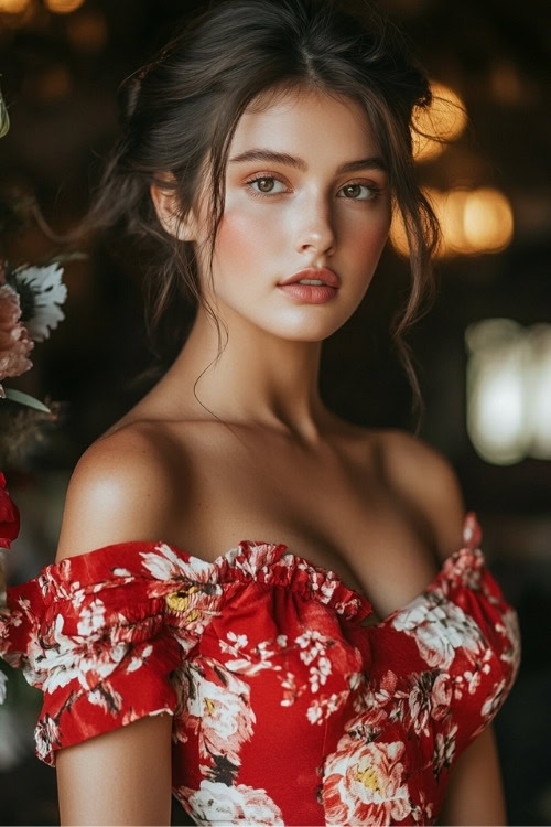 A woman wears a red floral wedding guest dress with off-the-shoulder ruffled sleeves