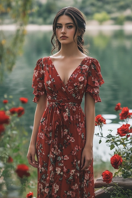 A woman wears a red floral wedding guest dress with short ruffled sleeves and a wrap V neckline