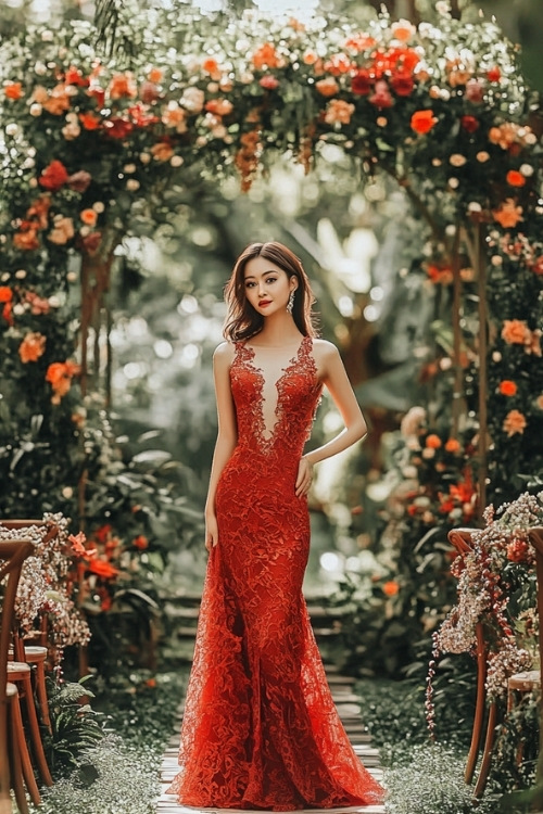 A woman wears a red lace wedding guest dress with a long silhouette