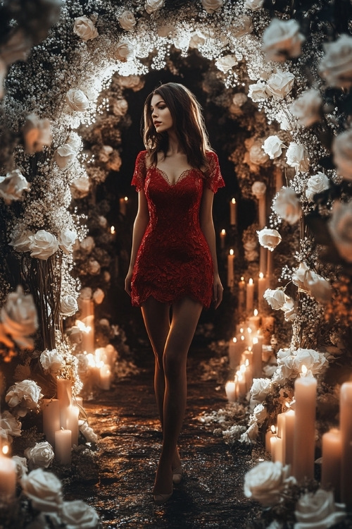 A woman wears a red lace wedding guest dress with a short hemline