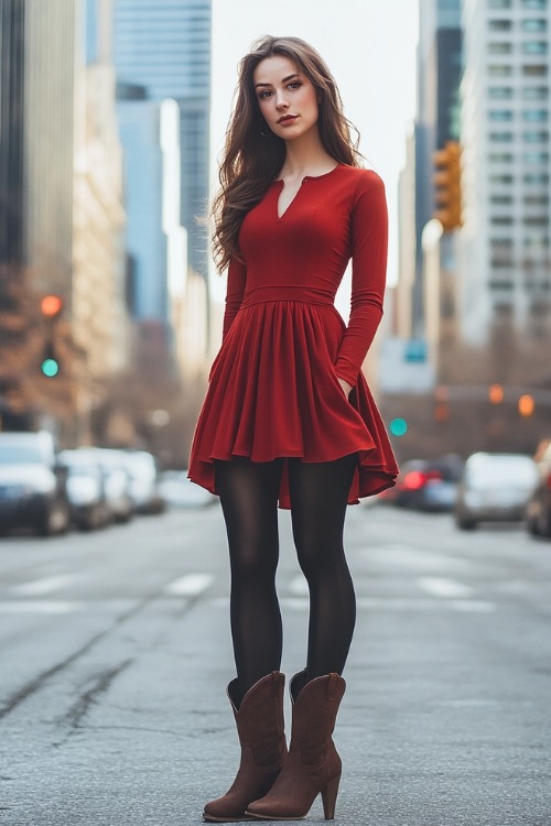 A woman wears a red mini dress, black tights, and brown cowboy boots