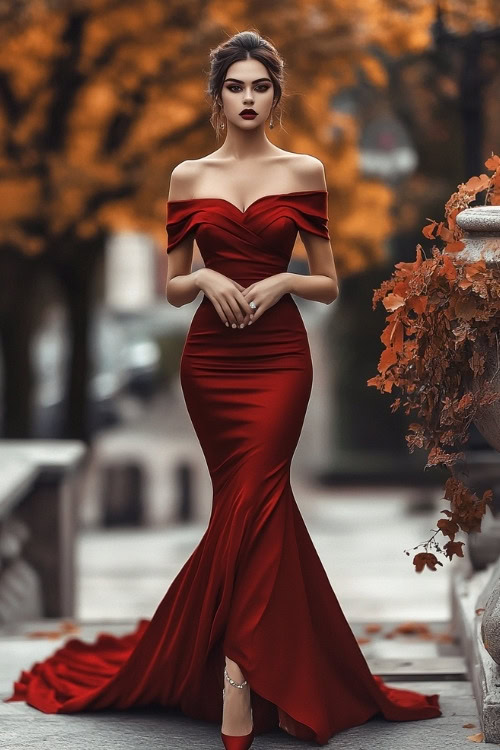 A woman wears a red off-the-shoulder satin wedding guest dress with a mermaid silhouette and red heels