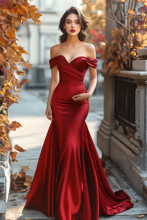 A woman wears a red off-the-shoulder wedding guest dress with a fitted bodice and flowing skirt