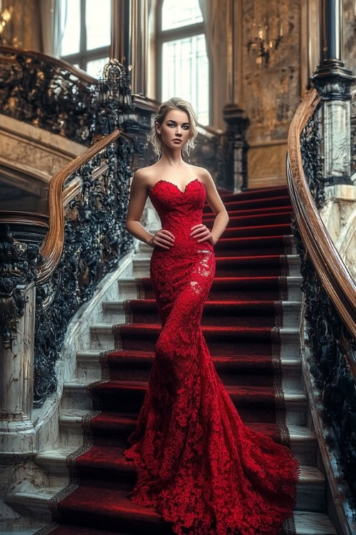 A woman wears a red strapless lace wedding guest dress with a mermaid silhouette