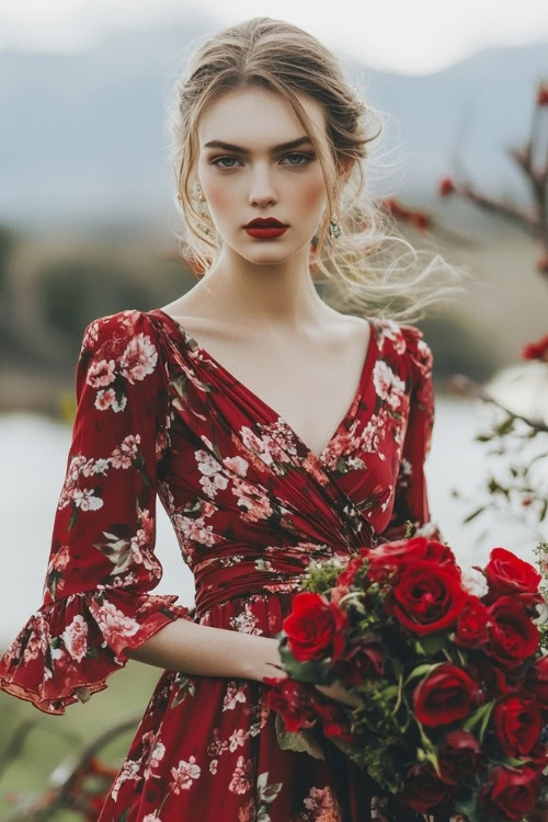 A woman wears a red wrap floral wedding guest dress with three-quarter sleeves