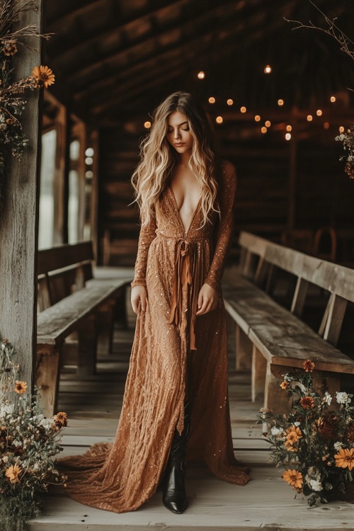 A woman wears a rust deep V-neck sequin wedding guest dress with black cowboy boots