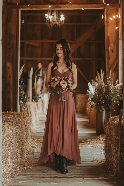 A woman wears a rust wedding guest dress with black cowboy boots, holding a bouquet