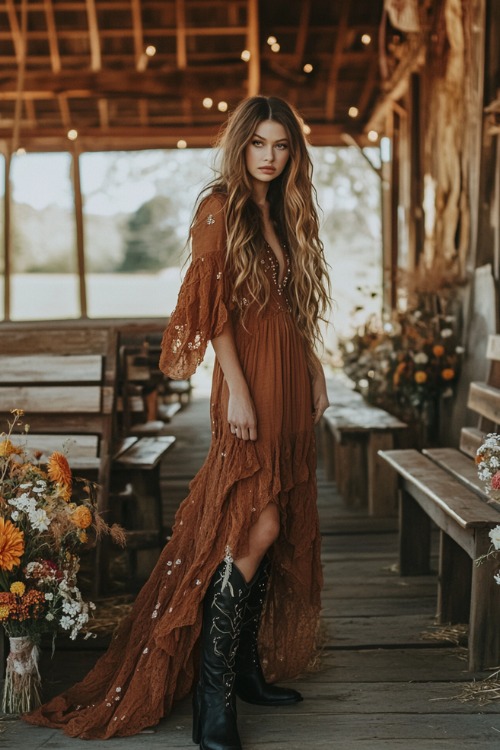 A woman wears a rust wedding guest dress with black cowboy boots