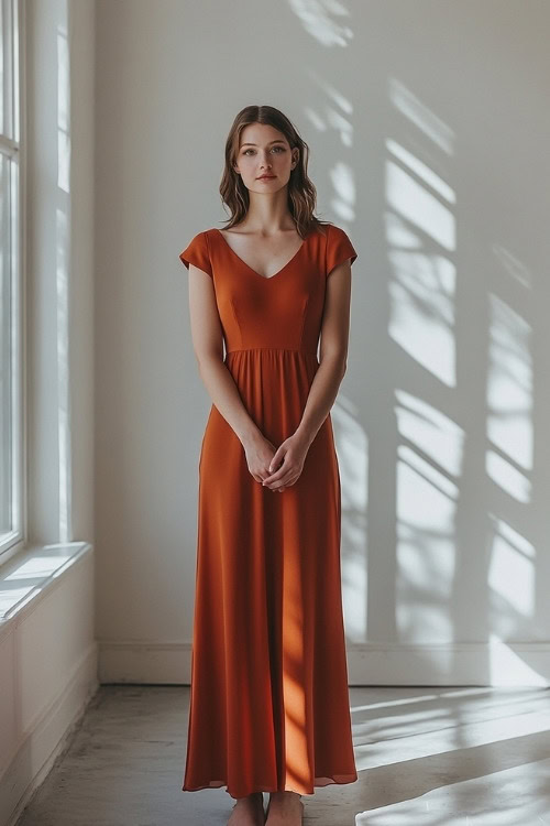 A woman wears a simple orange wedding guest dress with cap sleeves and a V-neckline