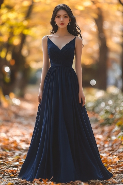 A woman wears a sleeveless navy wedding guest dress with a V neckline and a flowing skirt