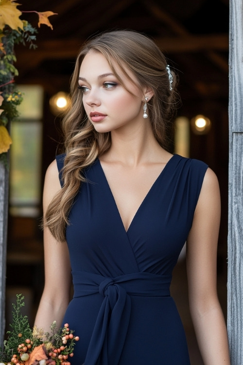 A woman wears a sleeveless navy wedding guest dress with a V neckline and waist tie