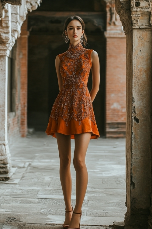 A woman wears a sleeveless orange wedding guest dress with a fitted bodice and flared skirt