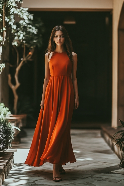 A woman wears a sleeveless orange wedding guest dress with a high neckline and flowing skirt