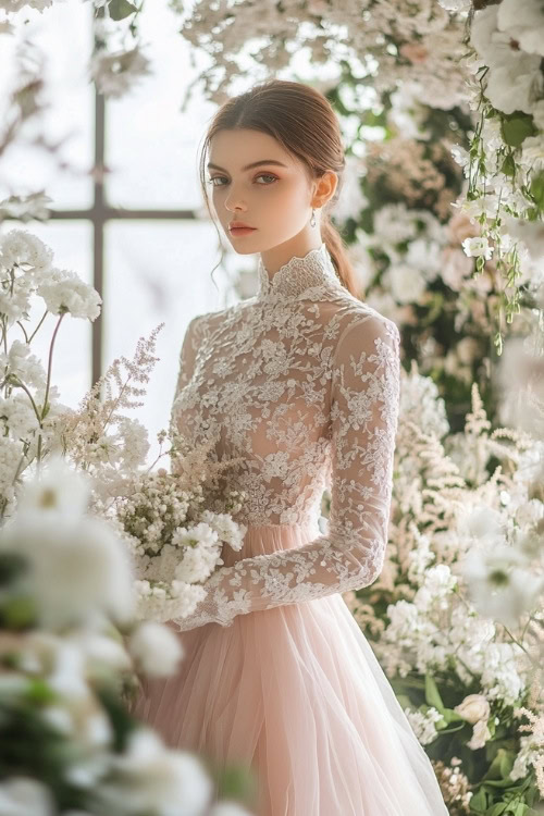 A woman wears a soft pink lace wedding guest dress with a flowing tulle skirt