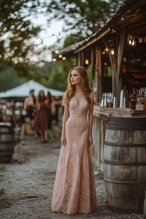 A woman wears a strapless blush pink lace wedding guest dress