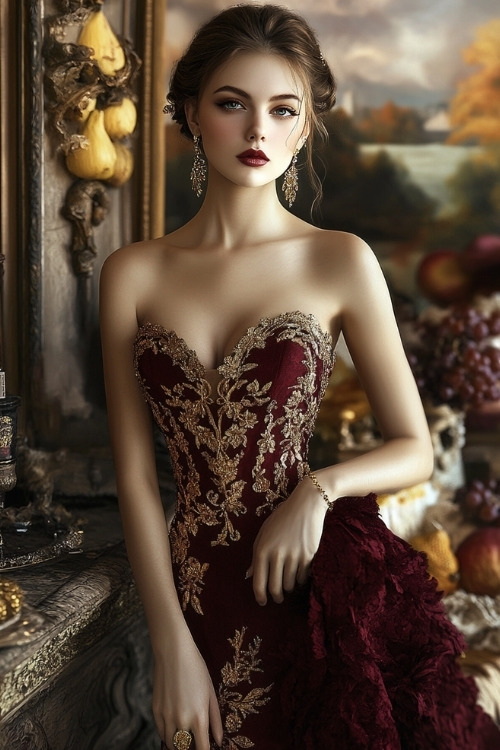 A woman wears a strapless burgundy wedding guest dress with gold embroidery