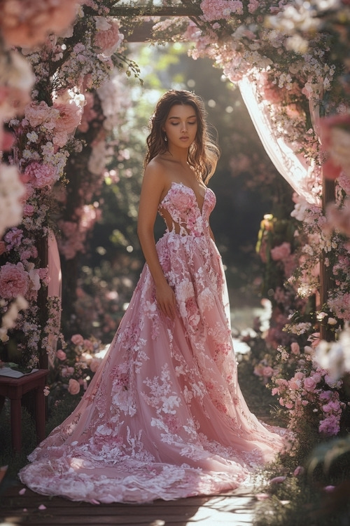 A woman wears a strapless long pink floral wedding guest dress