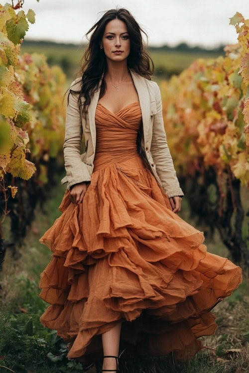 A woman wears a strapless orange tiered ruffle wedding guest dress with a beige coat