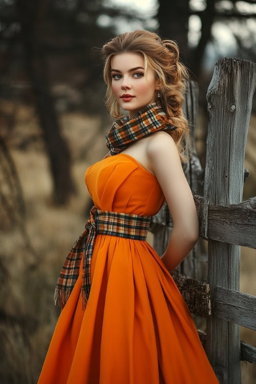 A woman wears a strapless orange wedding guest dress with a plaid scarf and belt