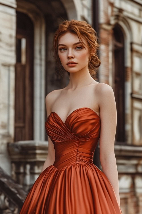 A woman wears a strapless orange wedding guest dress with a ruched bodice