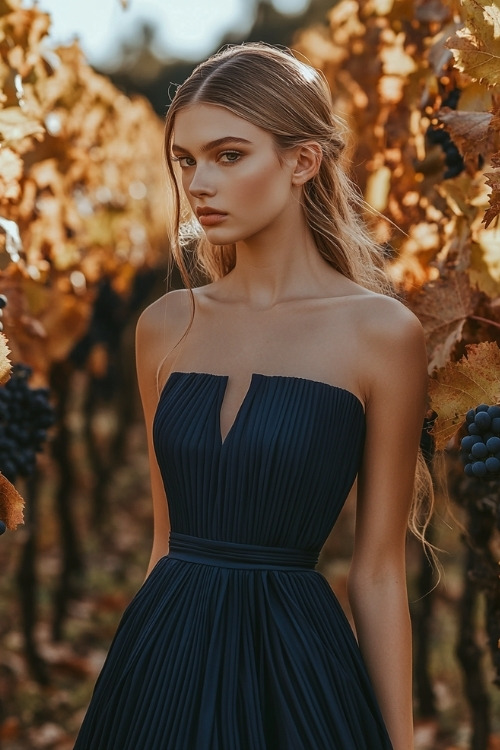 A woman wears a strapless pleated navy wedding guest dress