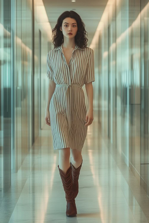 A woman wears a striped dress with brown cowboy boots